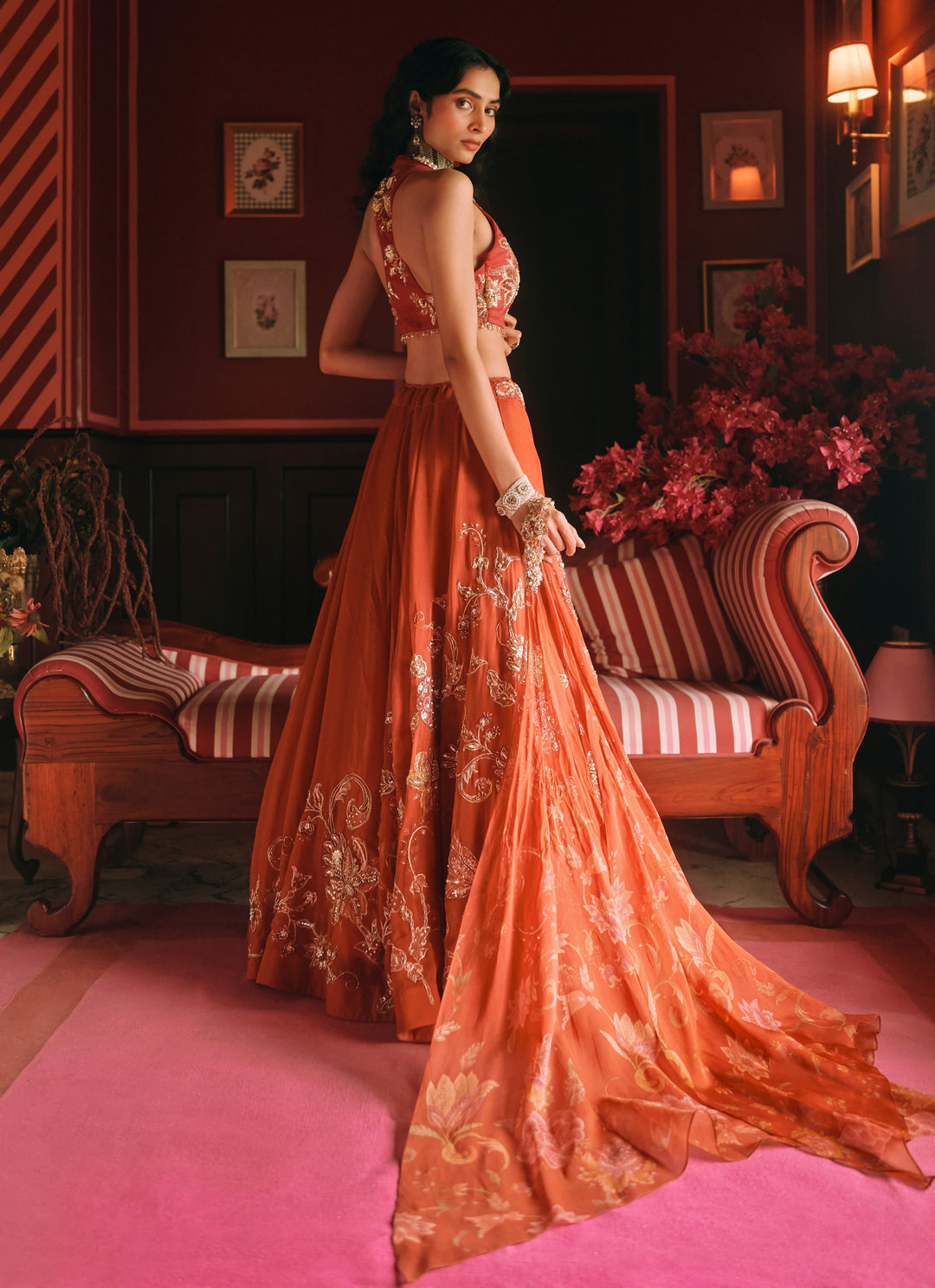 Rust Orange And Red Printed Organza Lehenga Set