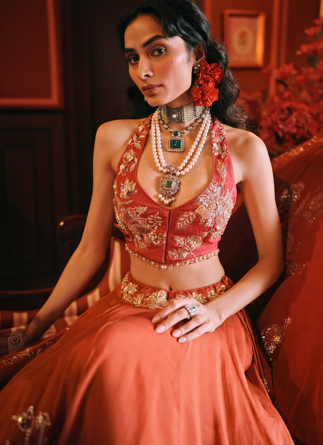 Rust Orange And Red Printed Organza Lehenga Set