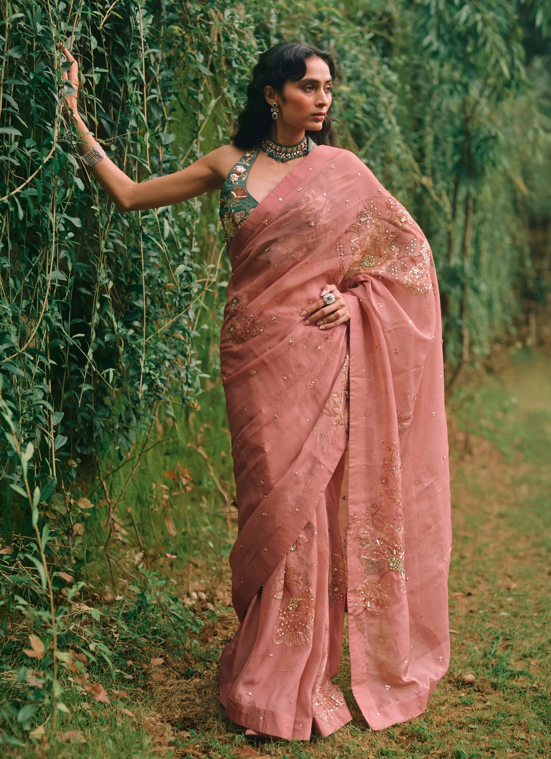 Salmon Pink And Green Printed Organza Saree