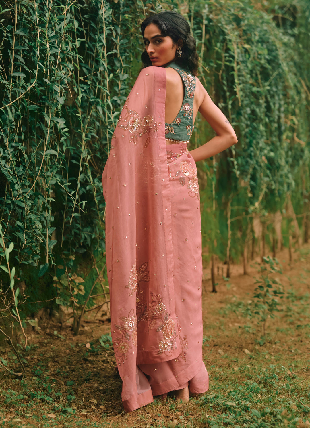Salmon Pink And Green Printed Organza Saree