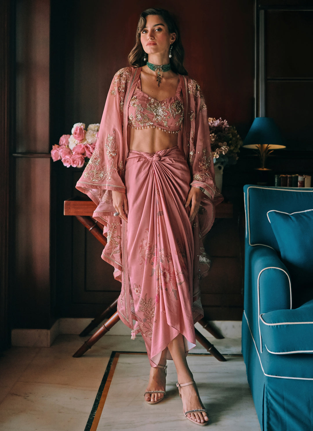 Salmon Pink Printed Cotton Silk Drape Skirt Set With Cape