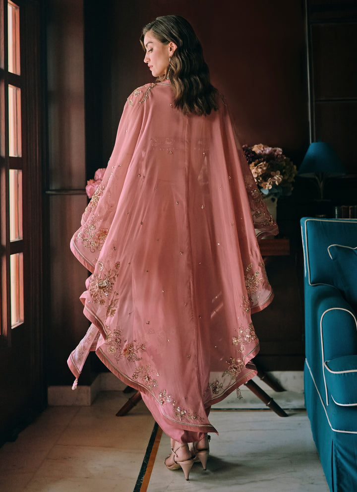Salmon Pink Printed Cotton Silk Drape Skirt Set With Cape