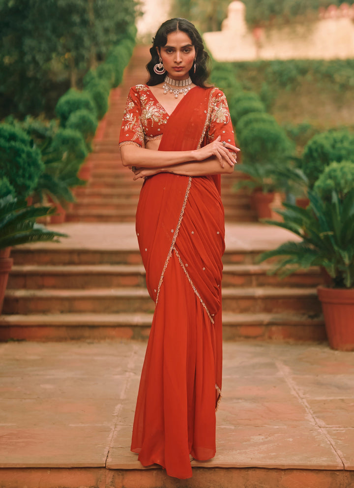 Crimson Red Georgette Pre-Draped Saree