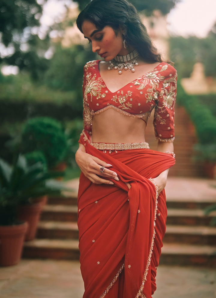 Crimson Red Georgette Pre-Draped Saree