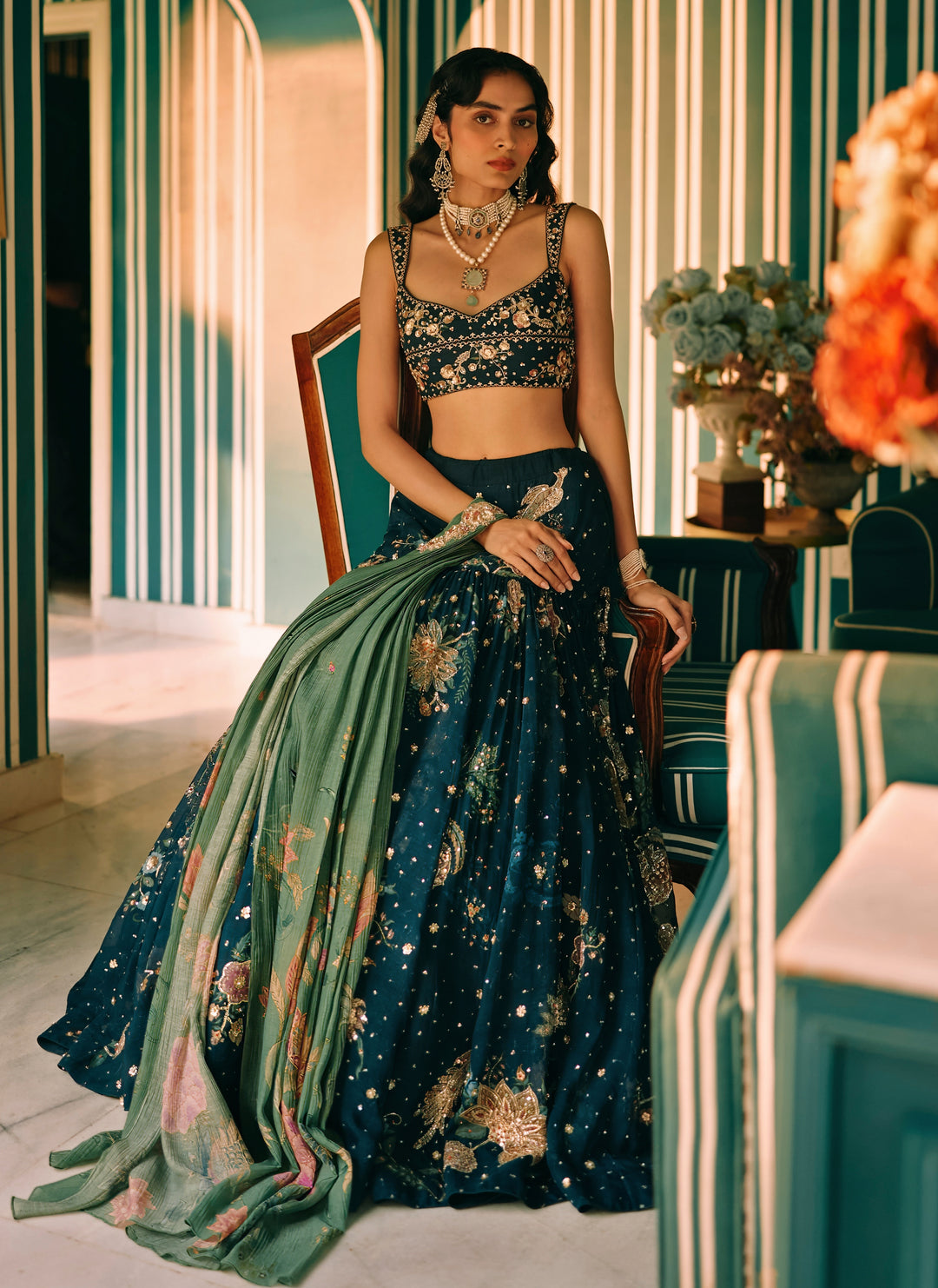 Blue And Green Printed Organza Lehenga Set