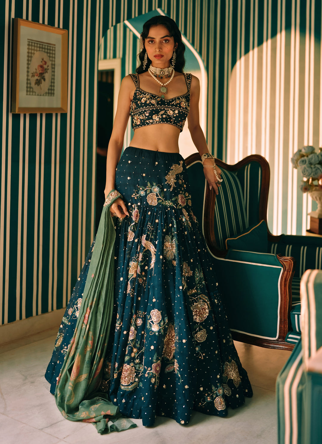 Blue And Green Printed Organza Lehenga Set