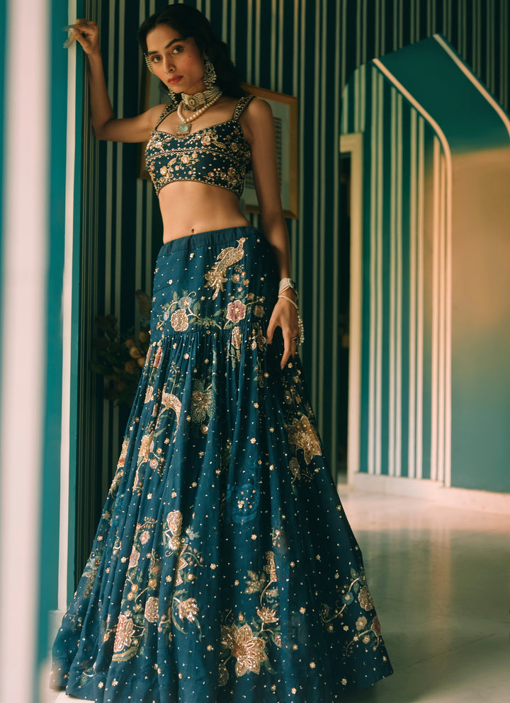 Blue And Green Printed Organza Lehenga Set