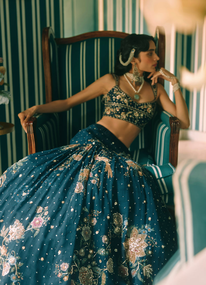 Blue And Green Printed Organza Lehenga Set