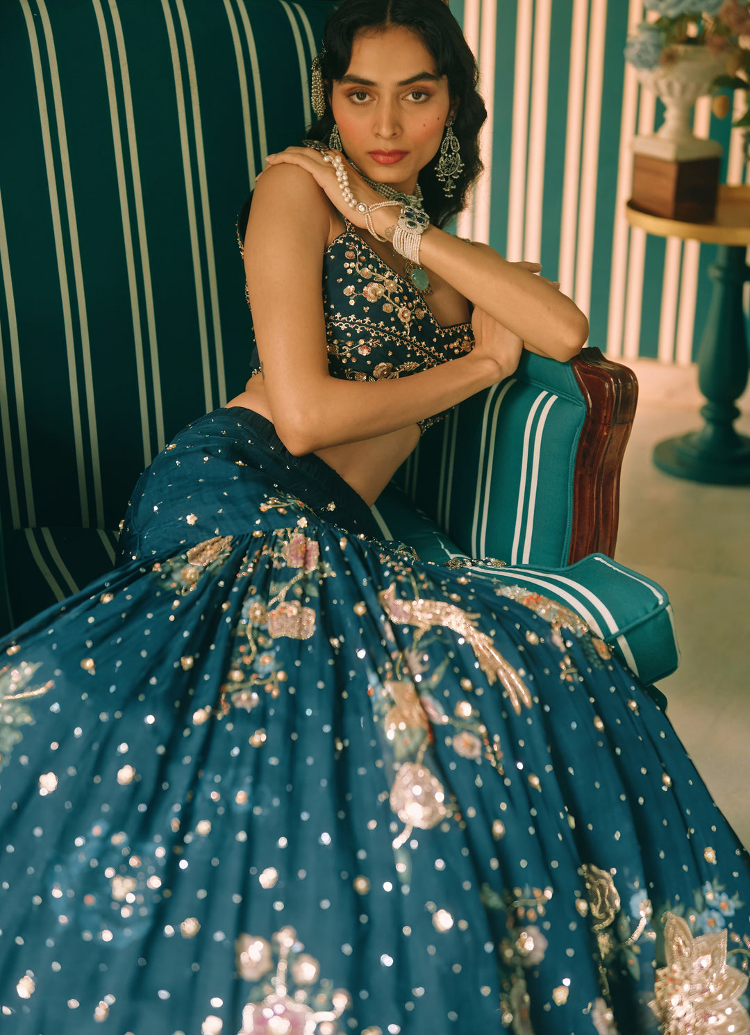 Blue And Green Printed Organza Lehenga Set