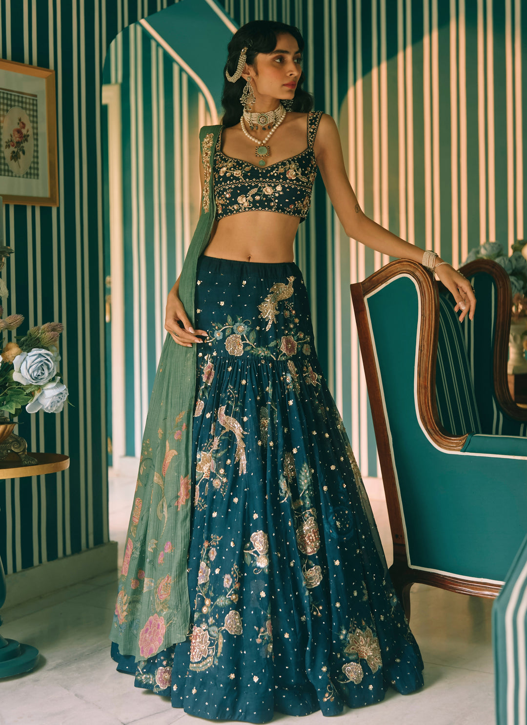 Blue And Green Printed Organza Lehenga Set