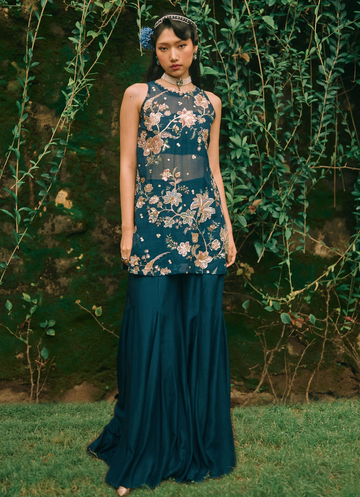 Blue Printed Organza Kurta Palazzo Set