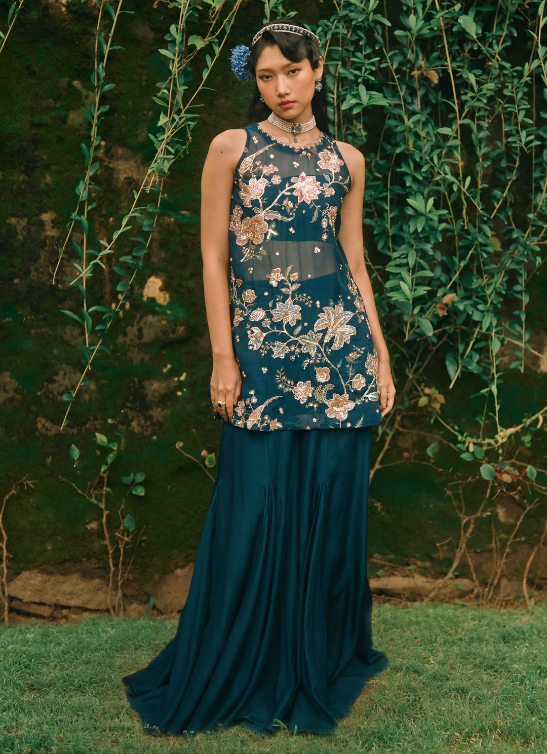 Blue Printed Organza Kurta Palazzo Set