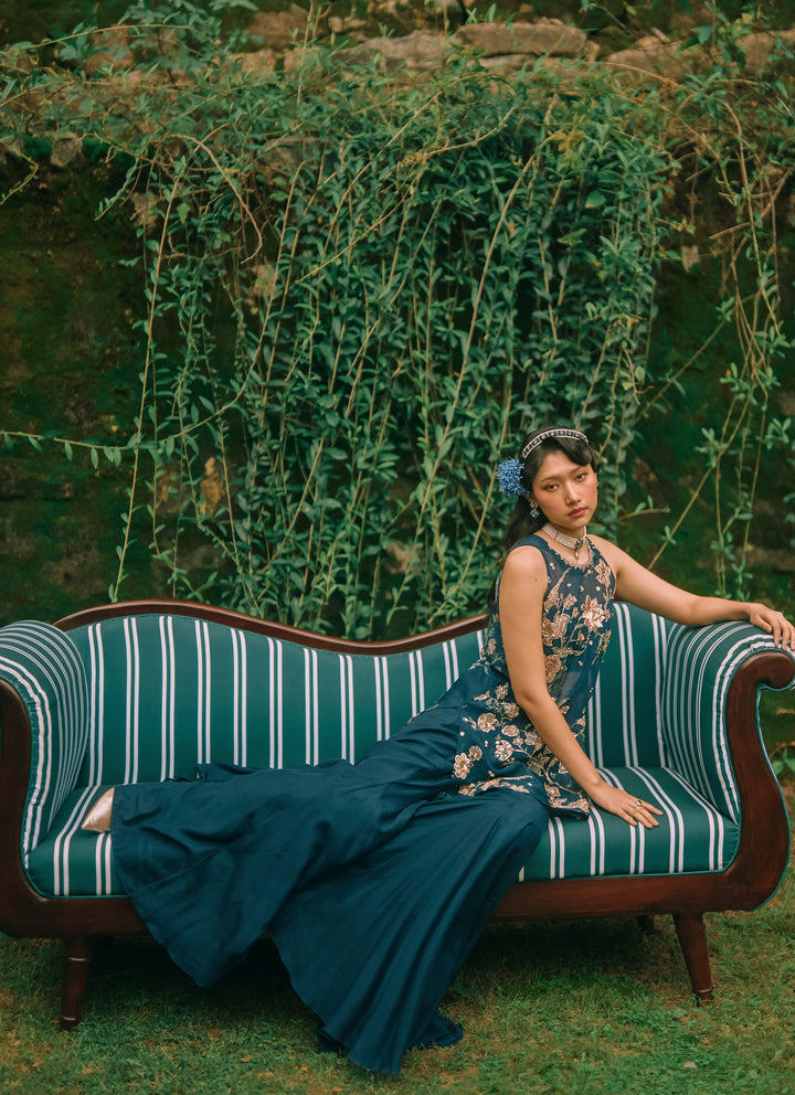 Blue Printed Organza Kurta Palazzo Set