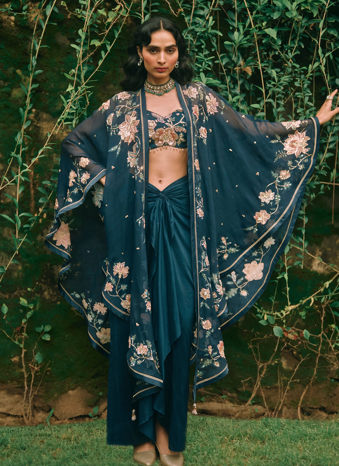 Blue Cotton Silk Draped Skirt Set With Cape