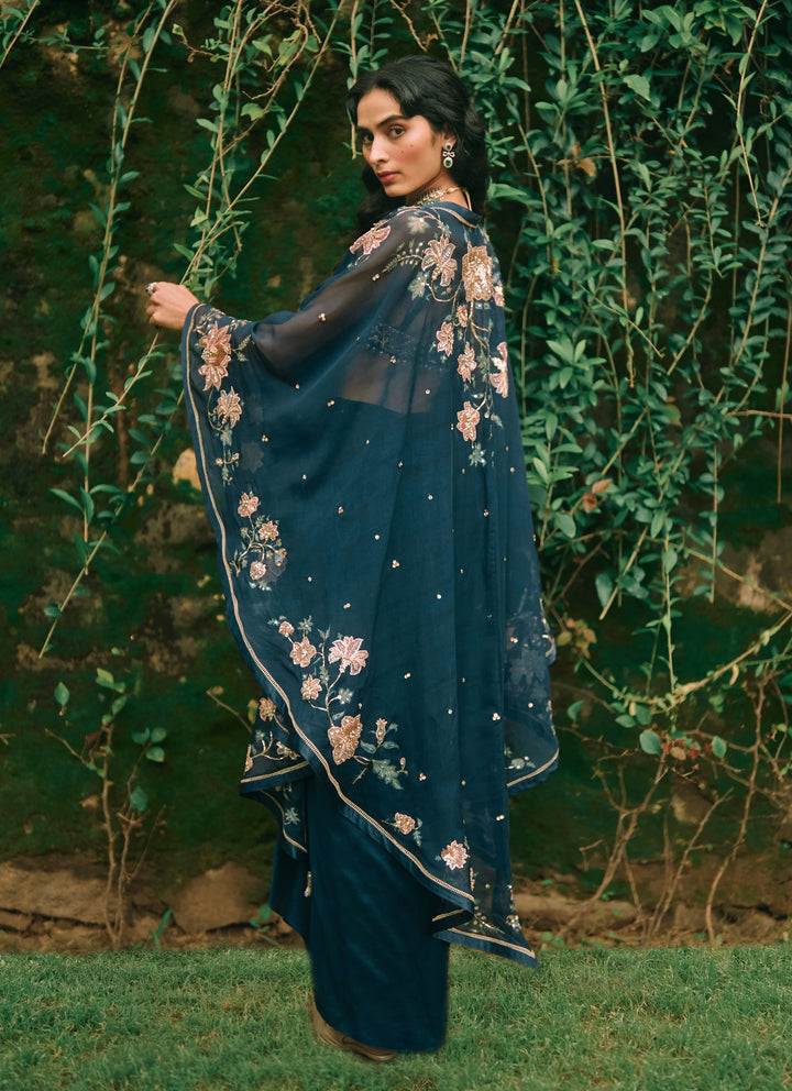 Blue Cotton Silk Draped Skirt Set With Cape