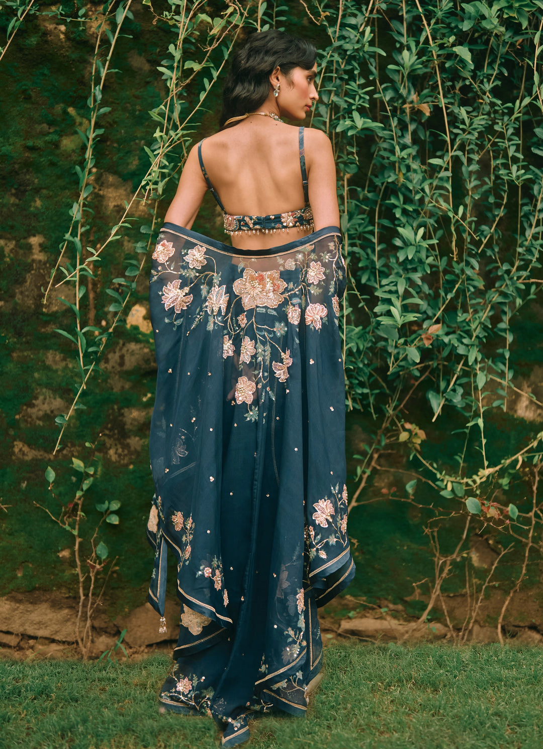 Blue Cotton Silk Draped Skirt Set With Cape