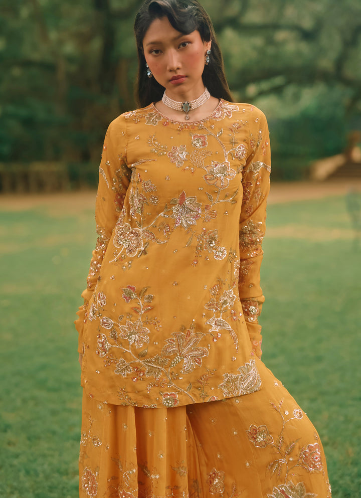 Mustard Yellow And Salmon Pink Printed Organza Kurta Palazzo Set
