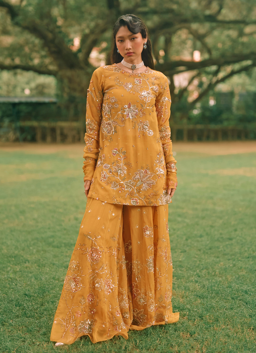 Mustard Yellow And Salmon Pink Printed Organza Kurta Palazzo Set