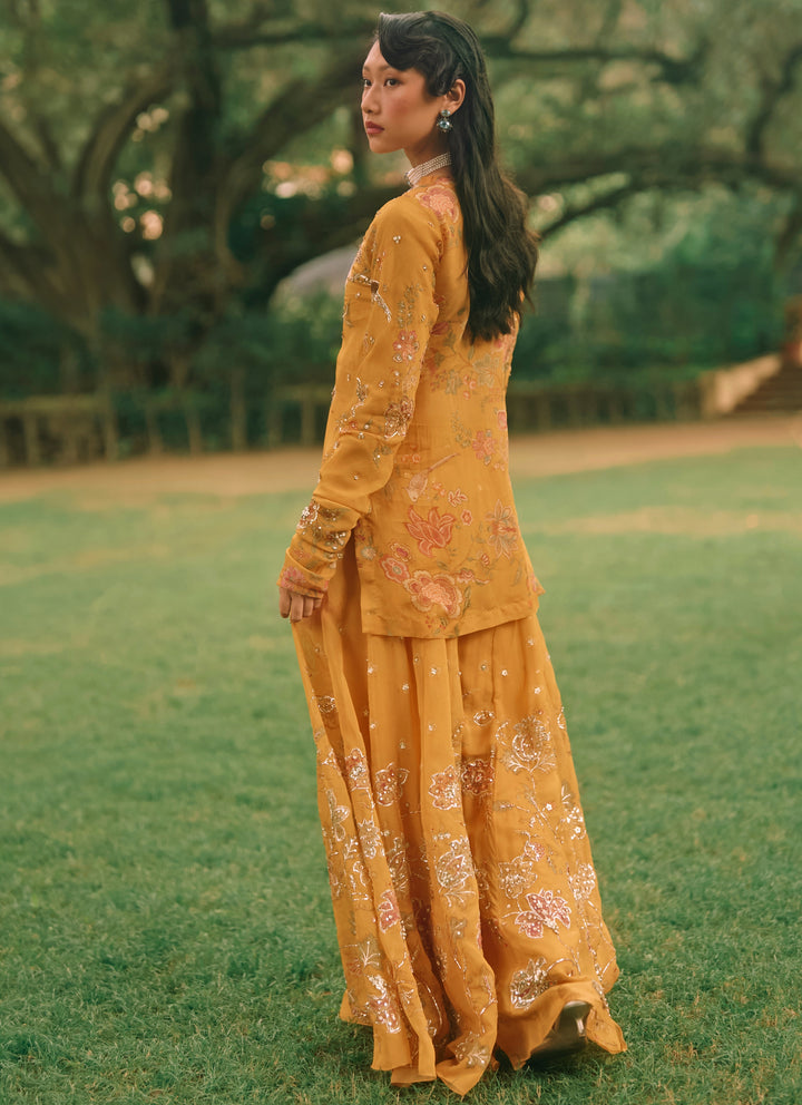 Mustard Yellow And Salmon Pink Printed Organza Kurta Palazzo Set