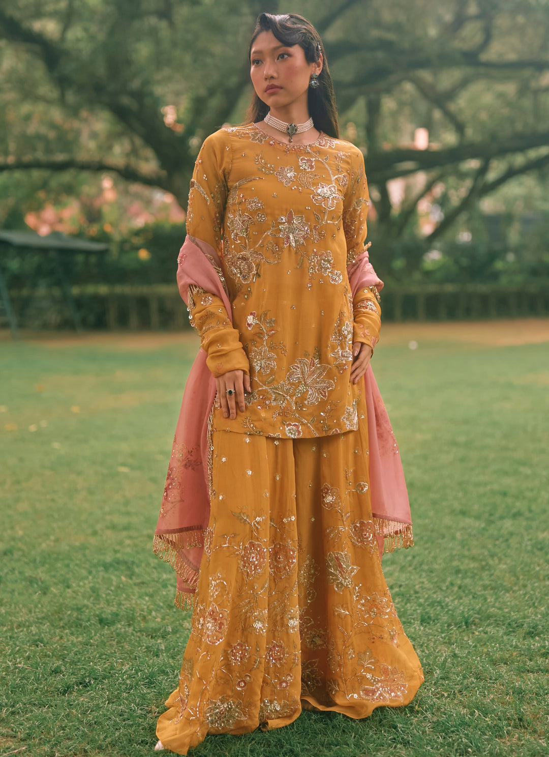 Mustard Yellow And Salmon Pink Printed Organza Kurta Palazzo Set