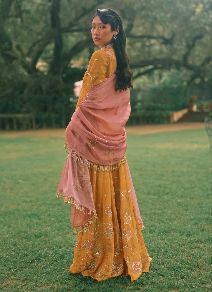 Mustard Yellow And Salmon Pink Printed Organza Kurta Palazzo Set