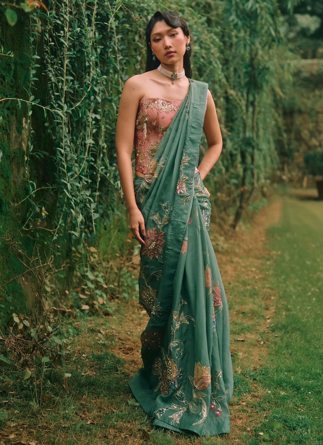 Green And Salmon Pink Printed Organza Saree With Corset
