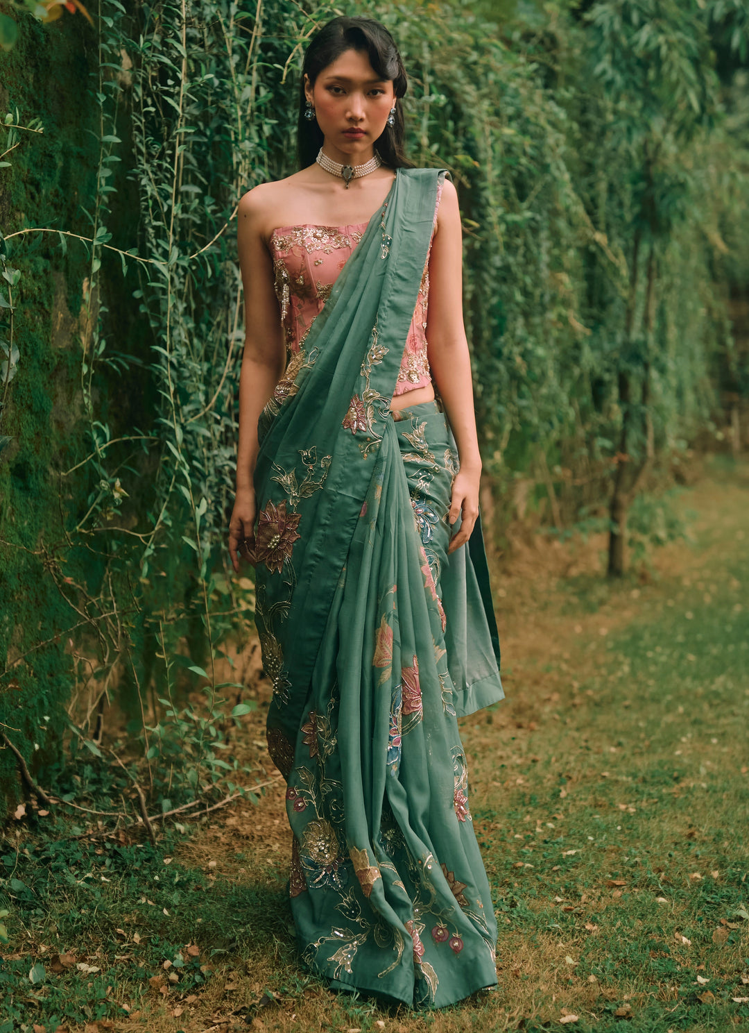 Green And Salmon Pink Printed Organza Saree With Corset