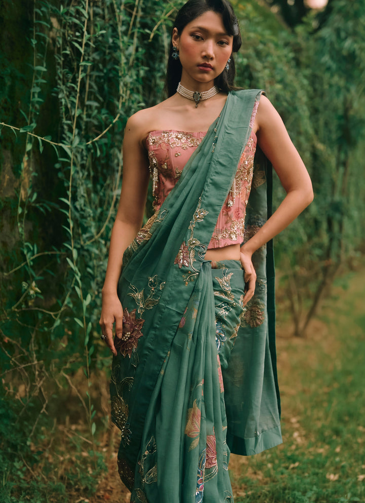 Green And Salmon Pink Printed Organza Saree With Corset