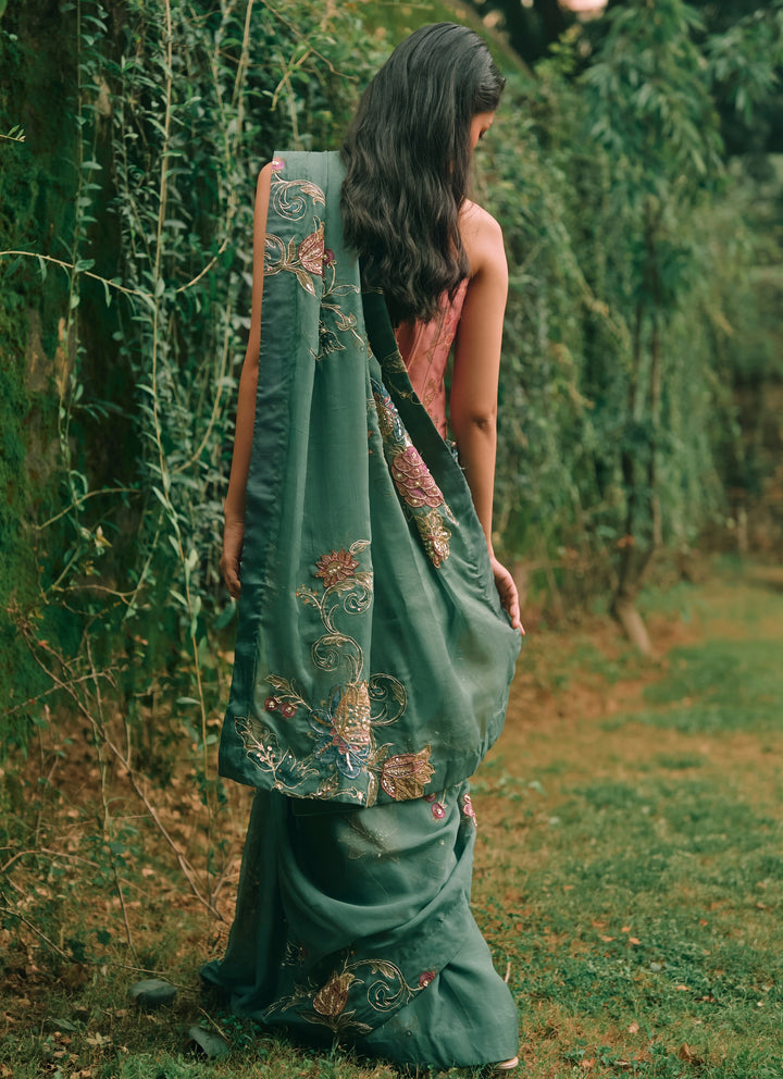 Green And Salmon Pink Printed Organza Saree With Corset
