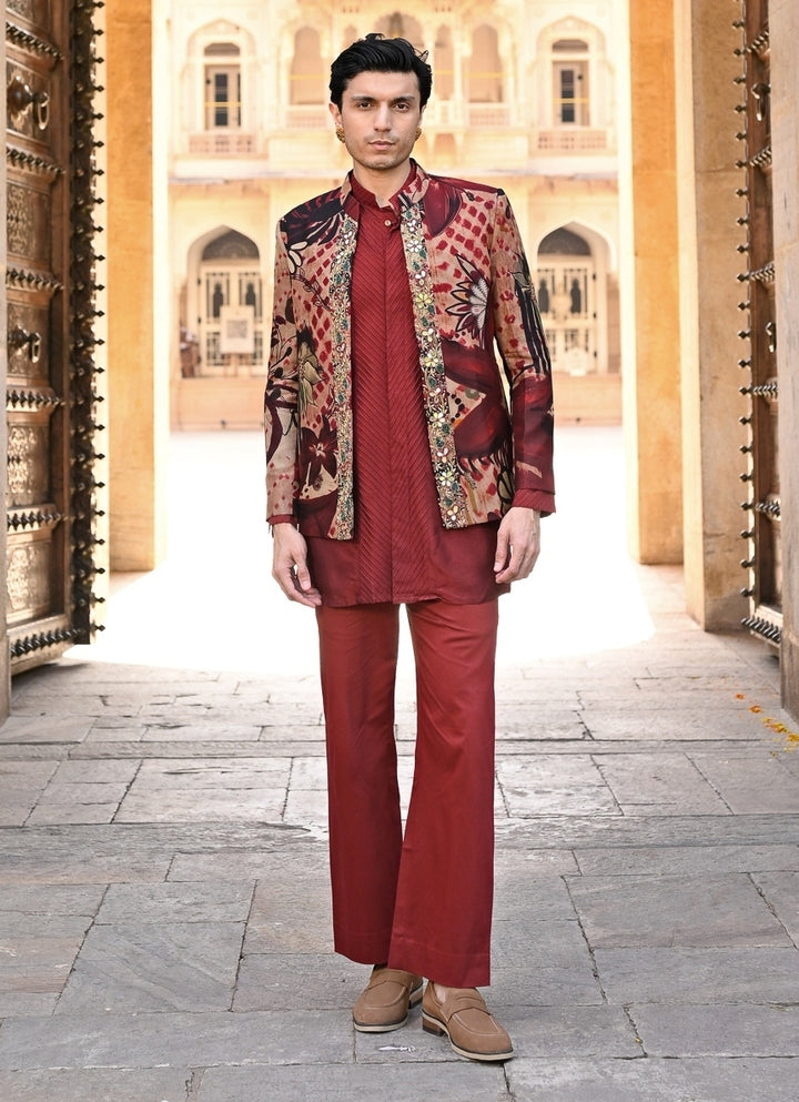 Maroon Red Kurta Pants Set with Printed Organza Achkan