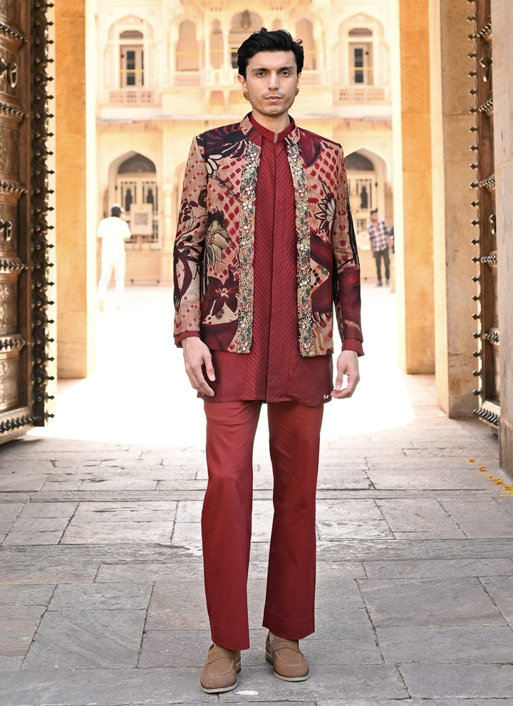 Maroon Red Kurta Pants Set with Printed Organza Achkan