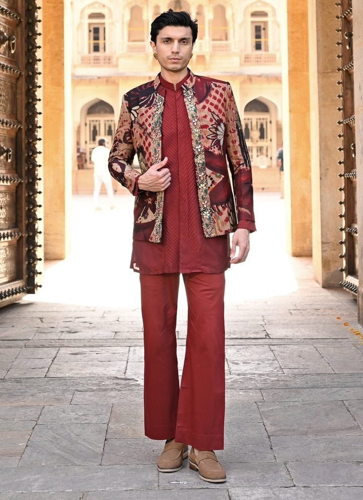 Maroon Red Kurta Pants Set with Printed Organza Achkan