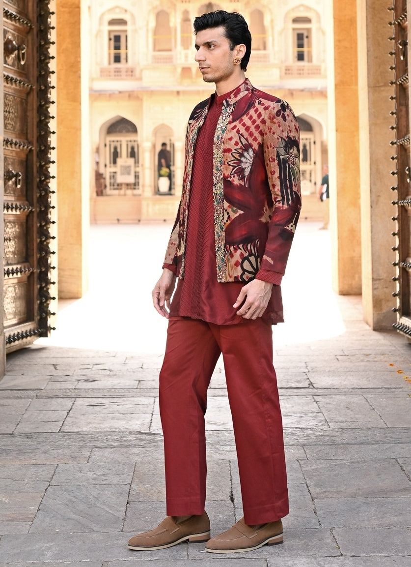 Maroon Red Kurta Pants Set with Printed Organza Achkan