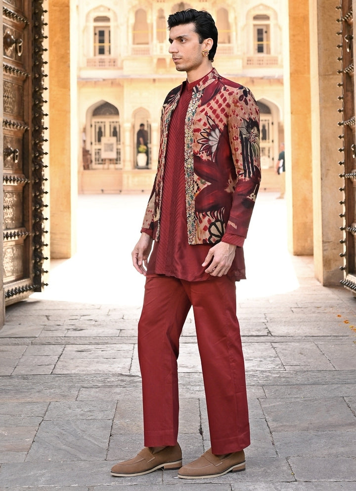 Maroon Red Kurta Pants Set with Printed Organza Achkan