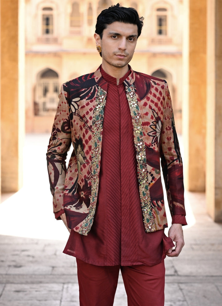 Maroon Red Kurta Pants Set with Printed Organza Achkan