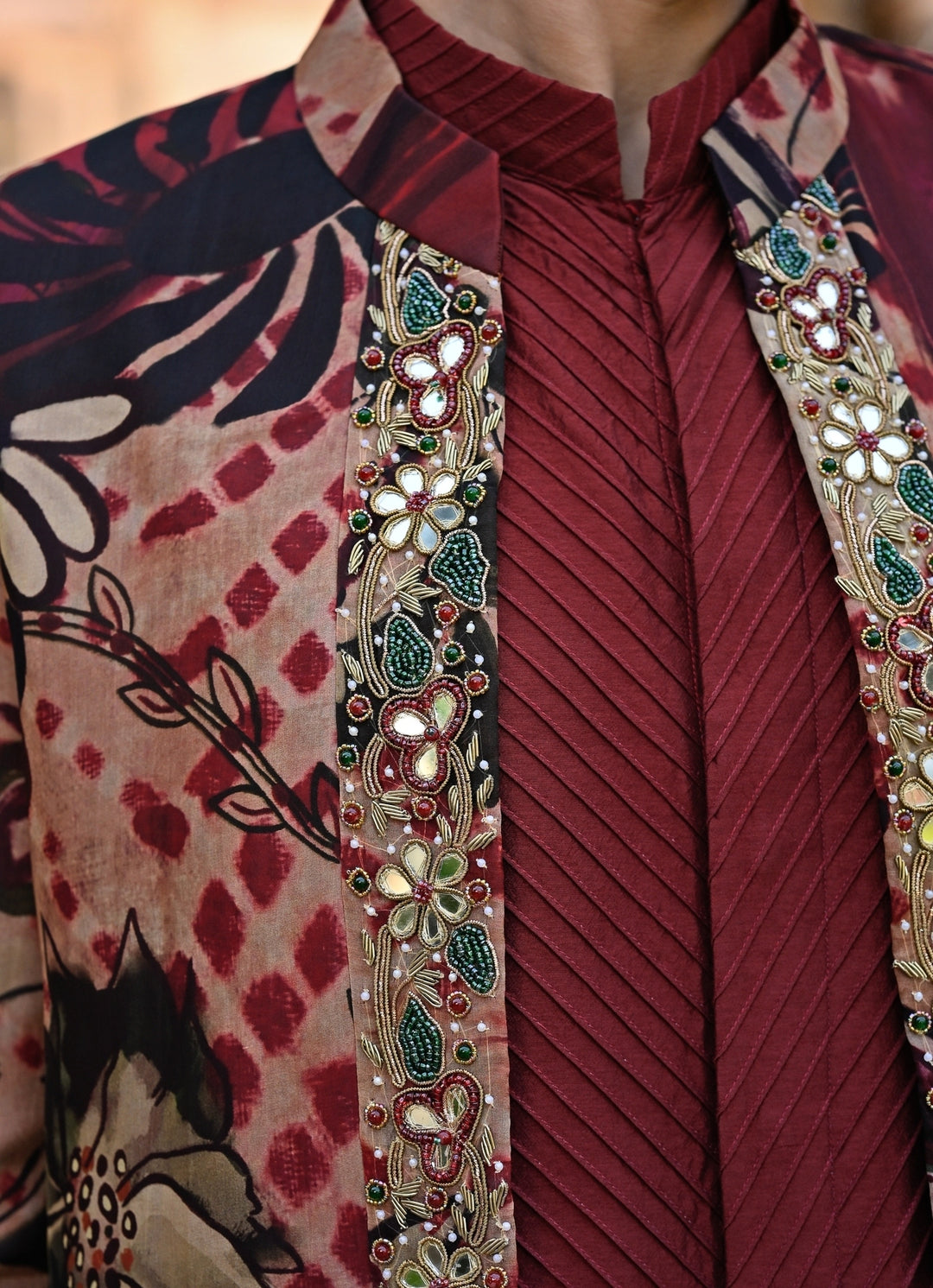 Maroon Red Kurta Pants Set with Printed Organza Achkan