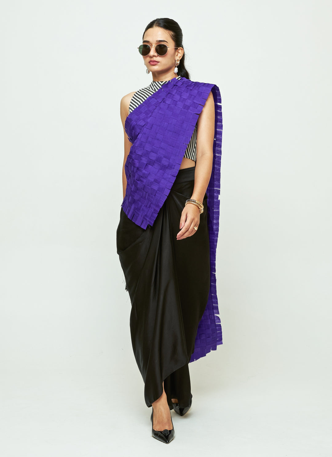 Blue And Black Organza Concept Saree Set