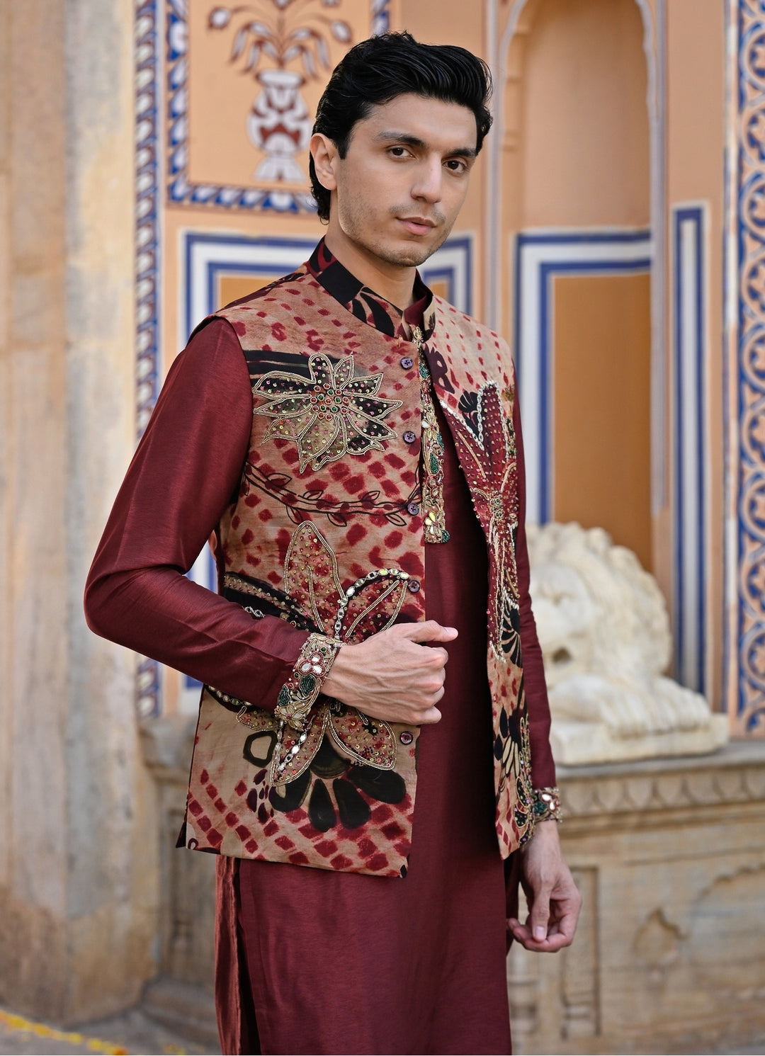 Maroon Red Printed Organza Bundi