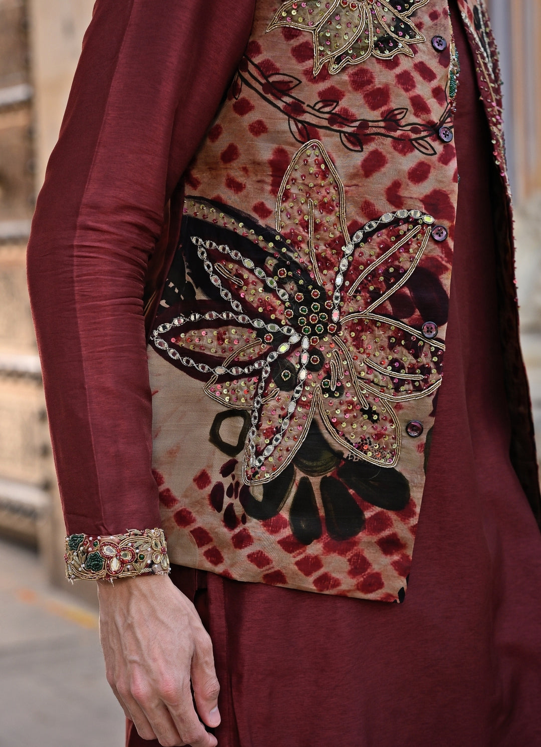 Maroon Red Printed Organza Bundi