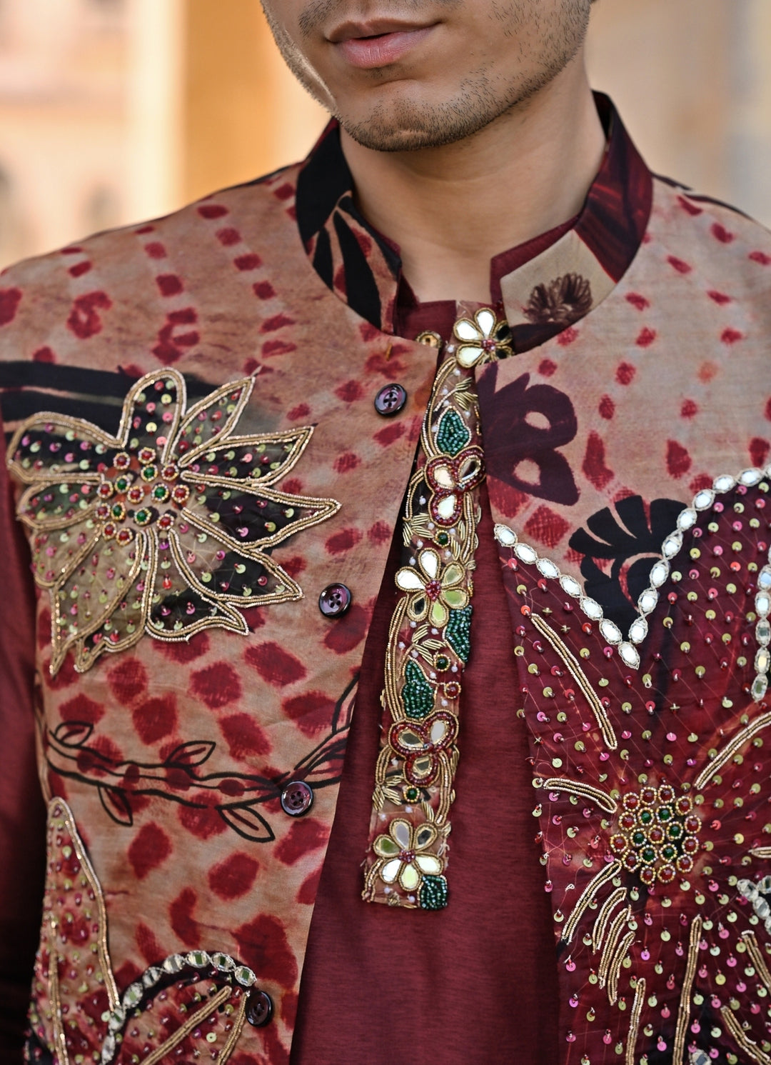 Maroon Red Printed Organza Bundi