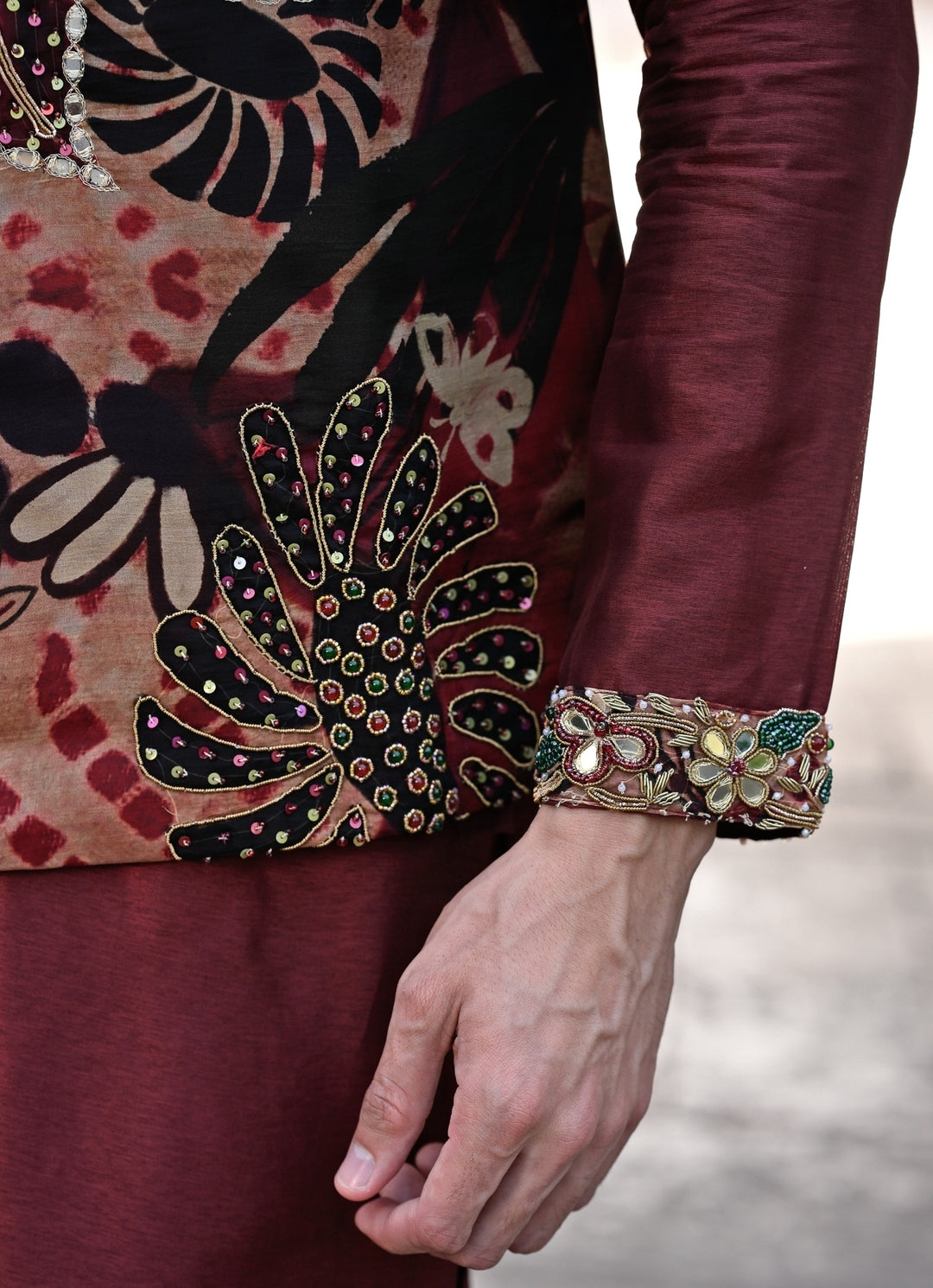 Maroon Red Printed Organza Bundi
