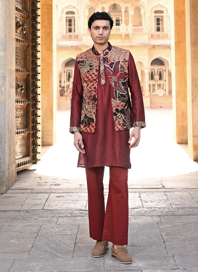 Maroon Red Kurta Pants Set with Printed Organza Bundi