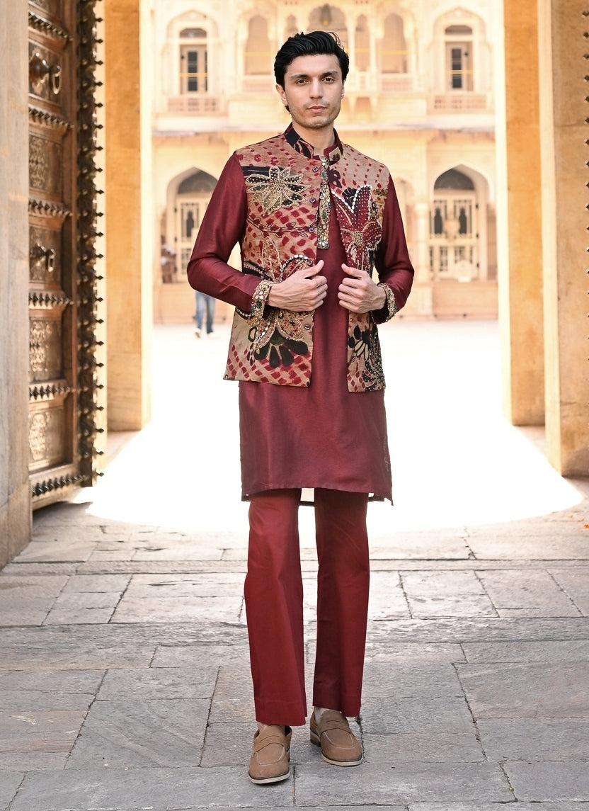Maroon Red Kurta Pants Set with Printed Organza Bundi