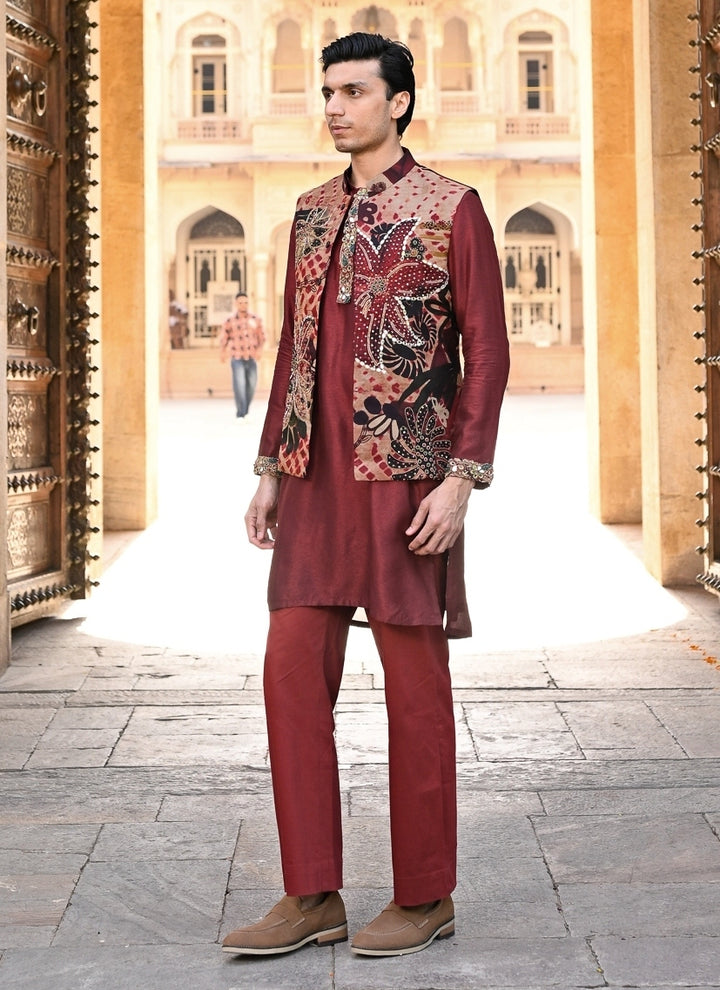 Maroon Red Kurta Pants Set with Printed Organza Bundi