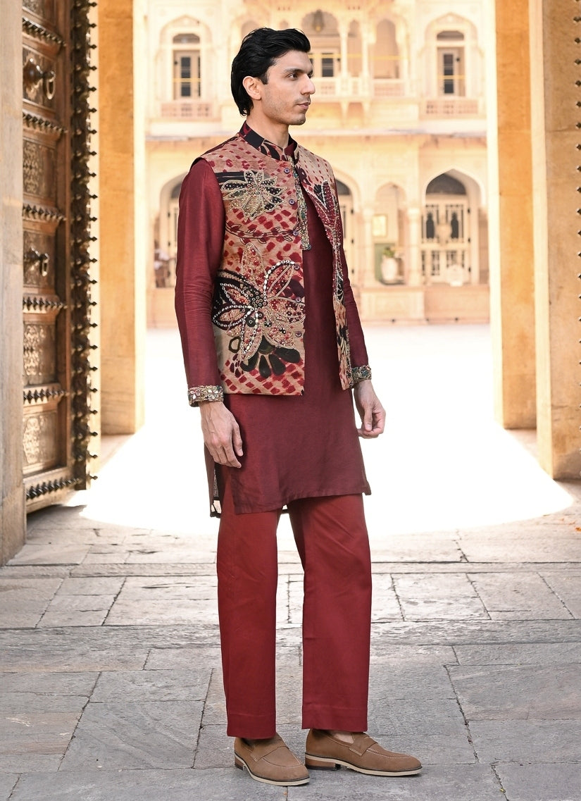 Maroon Red Kurta Pants Set with Printed Organza Bundi