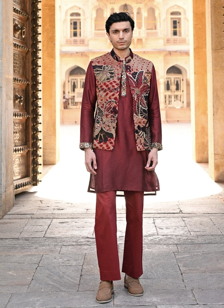 Maroon Red Kurta Pants Set with Printed Organza Bundi