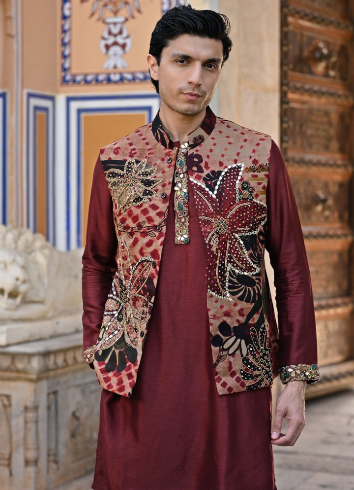Maroon Red Kurta Pants Set with Printed Organza Bundi