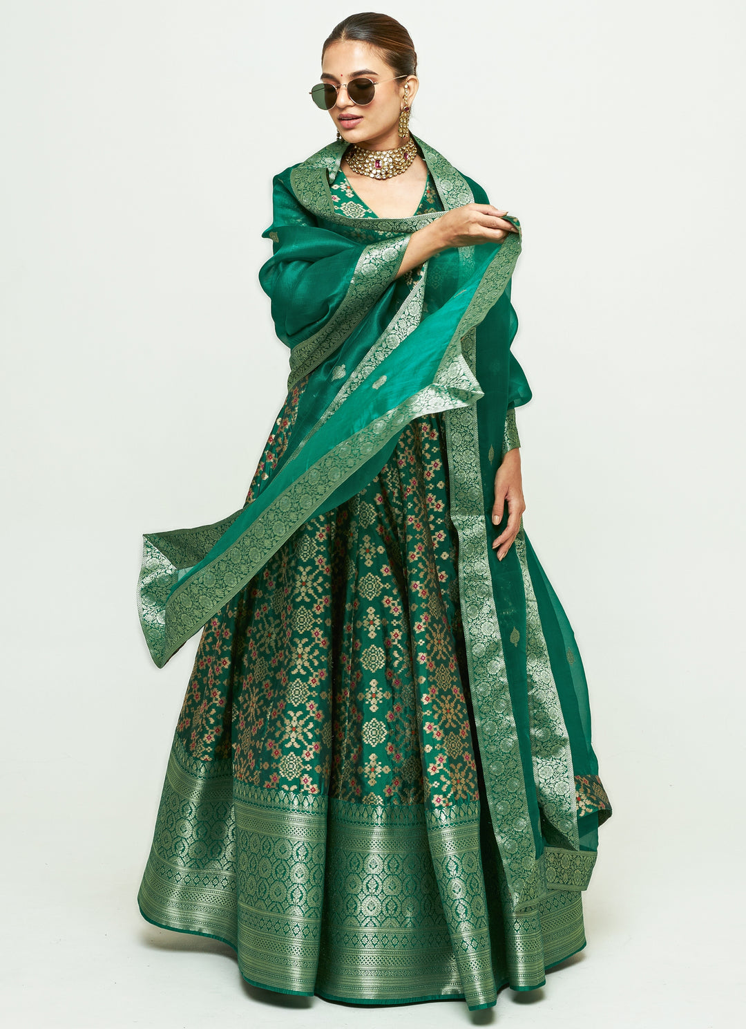 Green Brocade Silk Lehenga Set