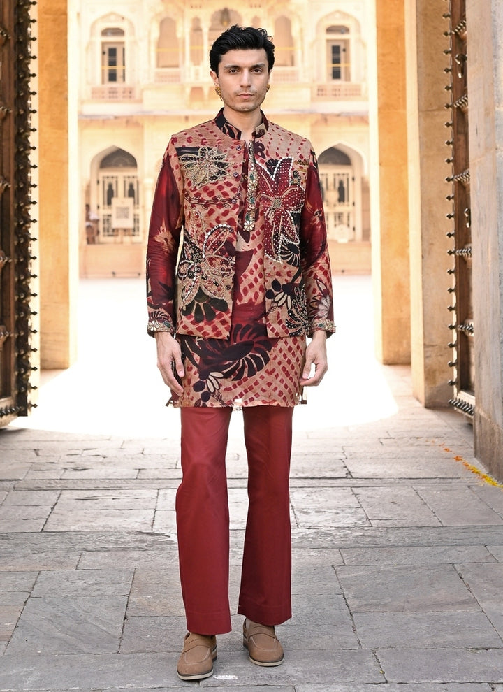 Maroon Red Printed Organza Kurta Set with Bundi