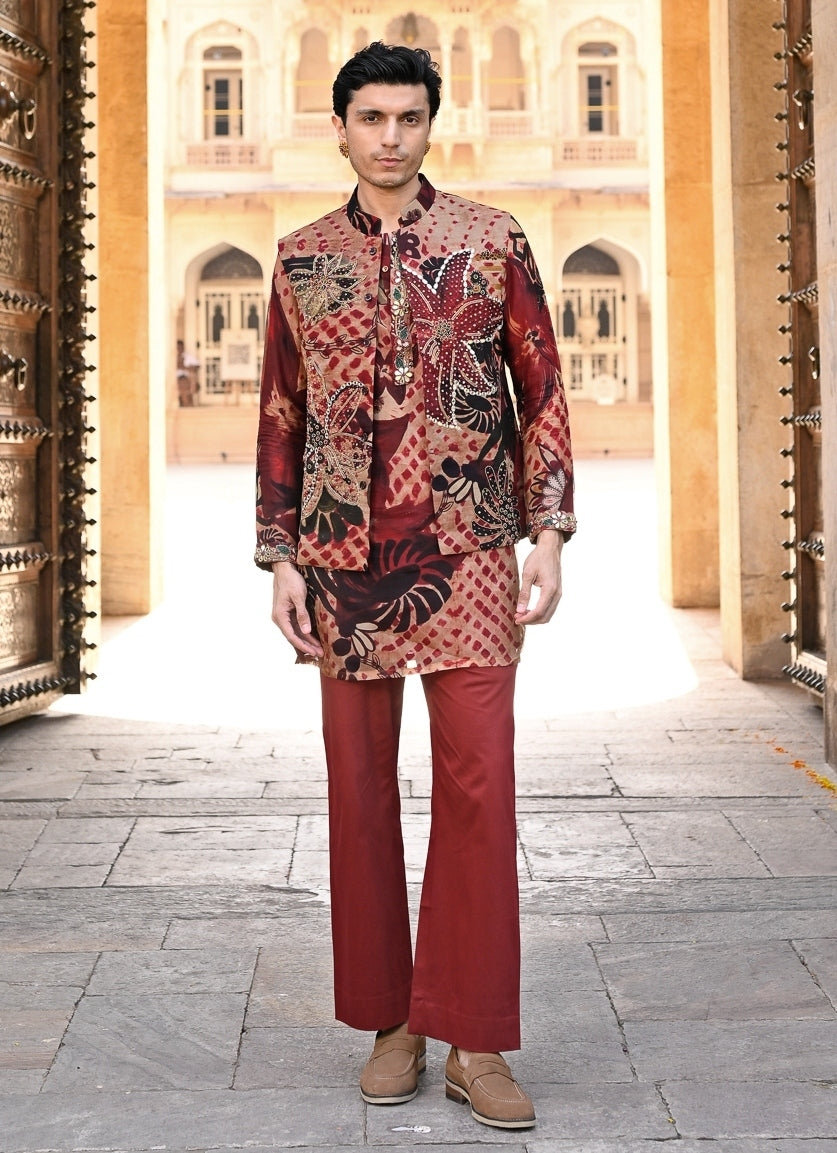 Maroon Red Printed Organza Kurta Set with Bundi